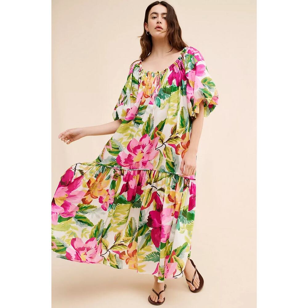FARM Rio Dress Womens Small Floral Print Painted Flowers Off The Shoulder Maxi